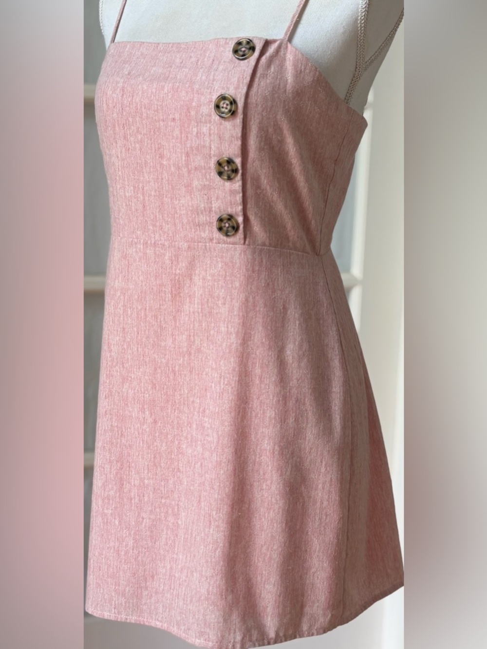 Pink Linen Mini Sundress Button Detail Spaghetti Strap A-Line M